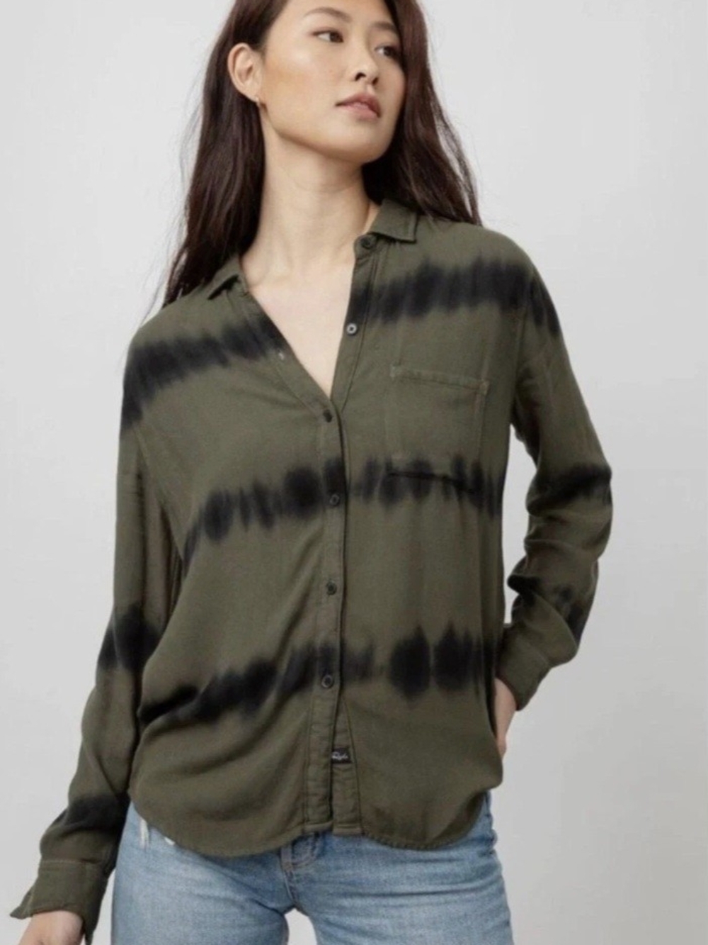 RAILS Olive Black Waves Tie Dye Rayon Button Down Shirt, Small